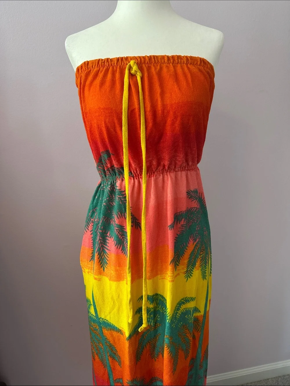 Vintage 90s Terrycloth Strapless Tropical Maxi Dress